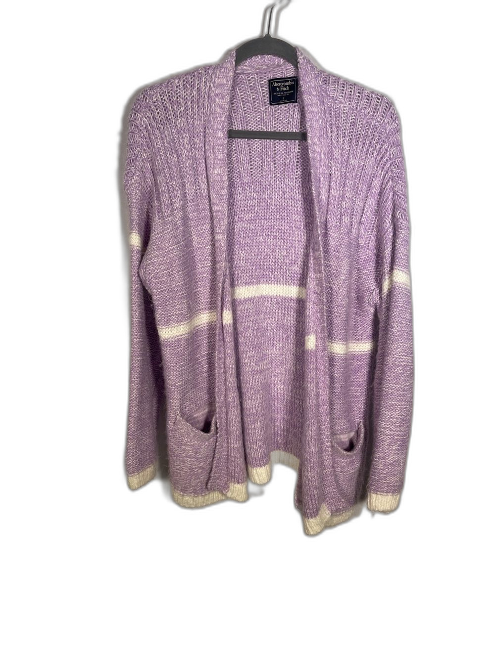ABERCROMBIE & FITCH WOMENS PURPLE WHITE STRIPE CARDIGAN SWEATER LARGE